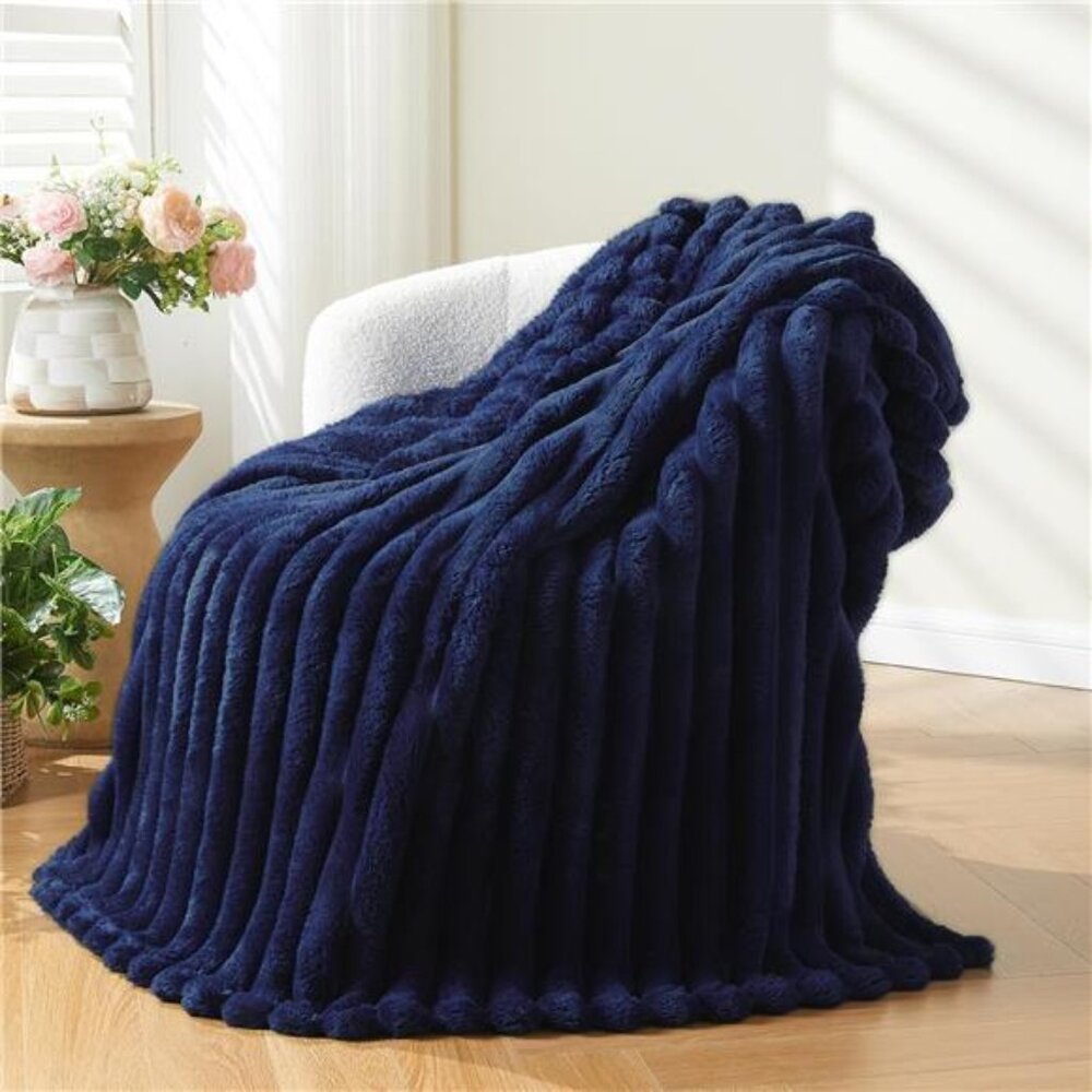Super Soft Throw Blanket Dark Navy Ribbed Premium Silky Flannel Fleece 50"x60"